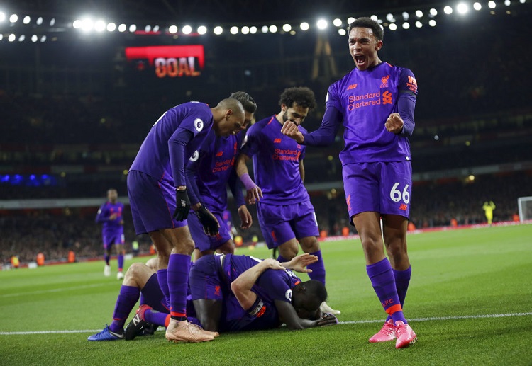 Liverpool celebrating James Milner's goal against Arsenal in the Premier League