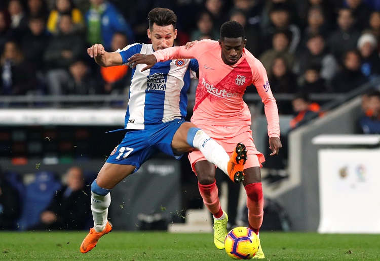 Ousmane Dembele scores Barcelona's second goal during their La Liga match against Espanyol