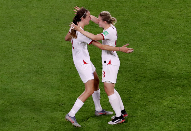 Women's World Cup: England's Jill Scott celebrates with Ellen White after beating Norway 3-0