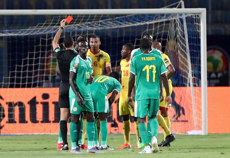 Olivier Verdon straight red card for violent foul reduced Benin players during closing stage of Africa Cup of Nations match against Senegal