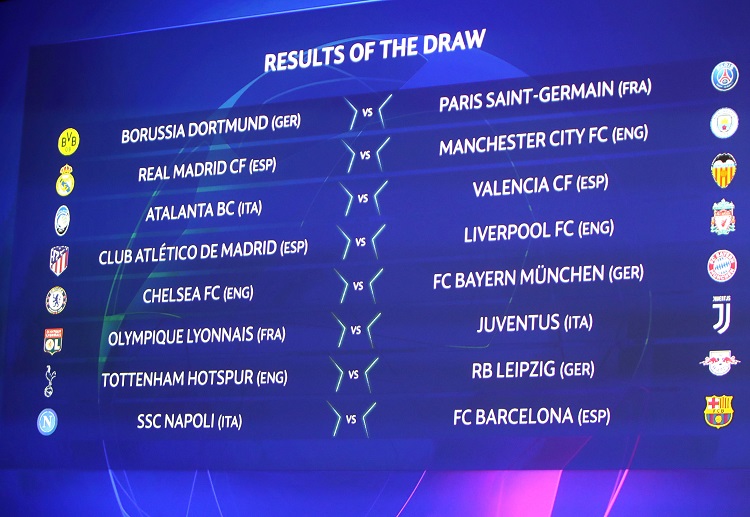 The big screen shows the Champions League round of 16 draw Final results