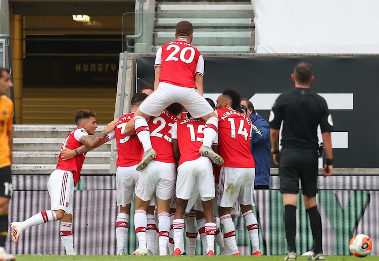 Alexandre Lacazette nets Arsenal's second goal against the Wolverhampton Wanderers at the Molineux Stadium