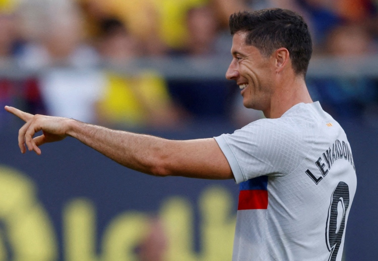 Football player Robert Lewandowski celebrated after scoring the second goal for FC Barcelona against Cadiz in La Liga